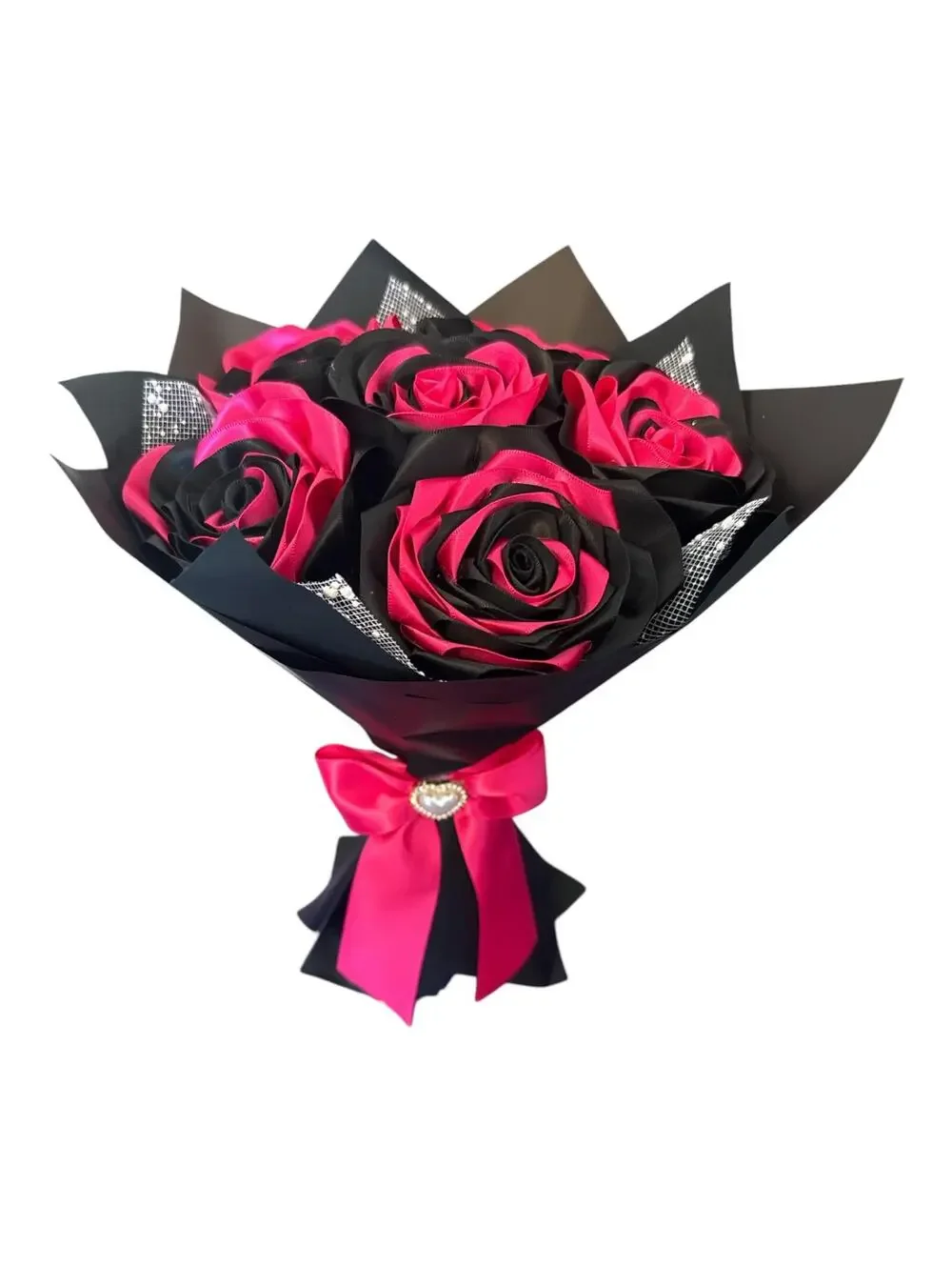 Handmade Black and Hot Pink Satin Rose Bouquet with Satin Ribbon